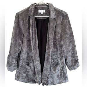 Elle Women's Black Gray Plaid‎ Velour Plush Polyester Blazer Size Large